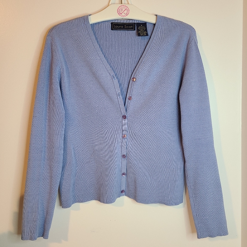 VTG Laura Scott Silk Blend Ribbed Cardigan Size Sm Blue - Picture 4 of 5
